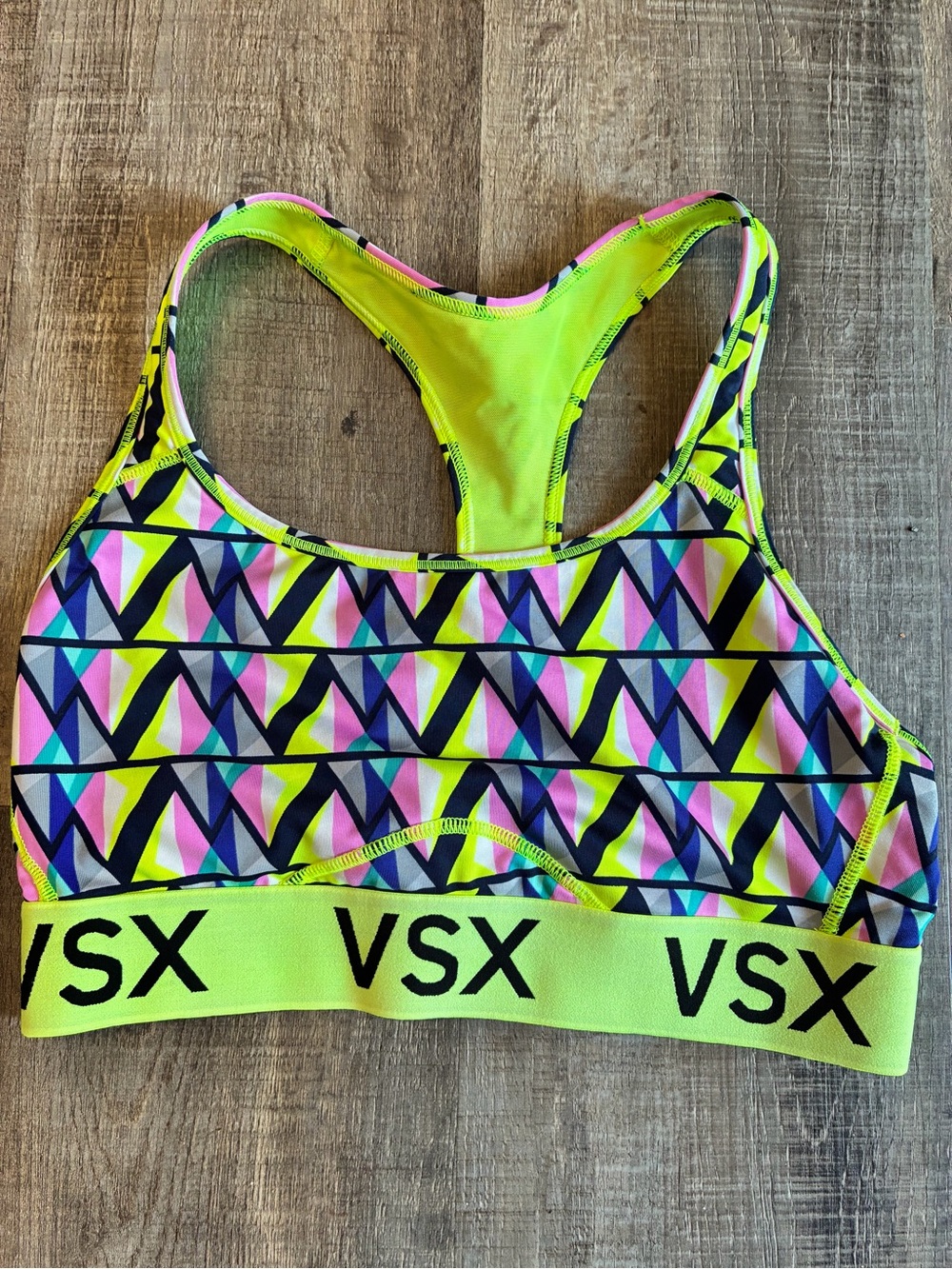 Victoria's Secret Neon Geo Racerback Sports Bra - Lime/Multicolor - Size Medium